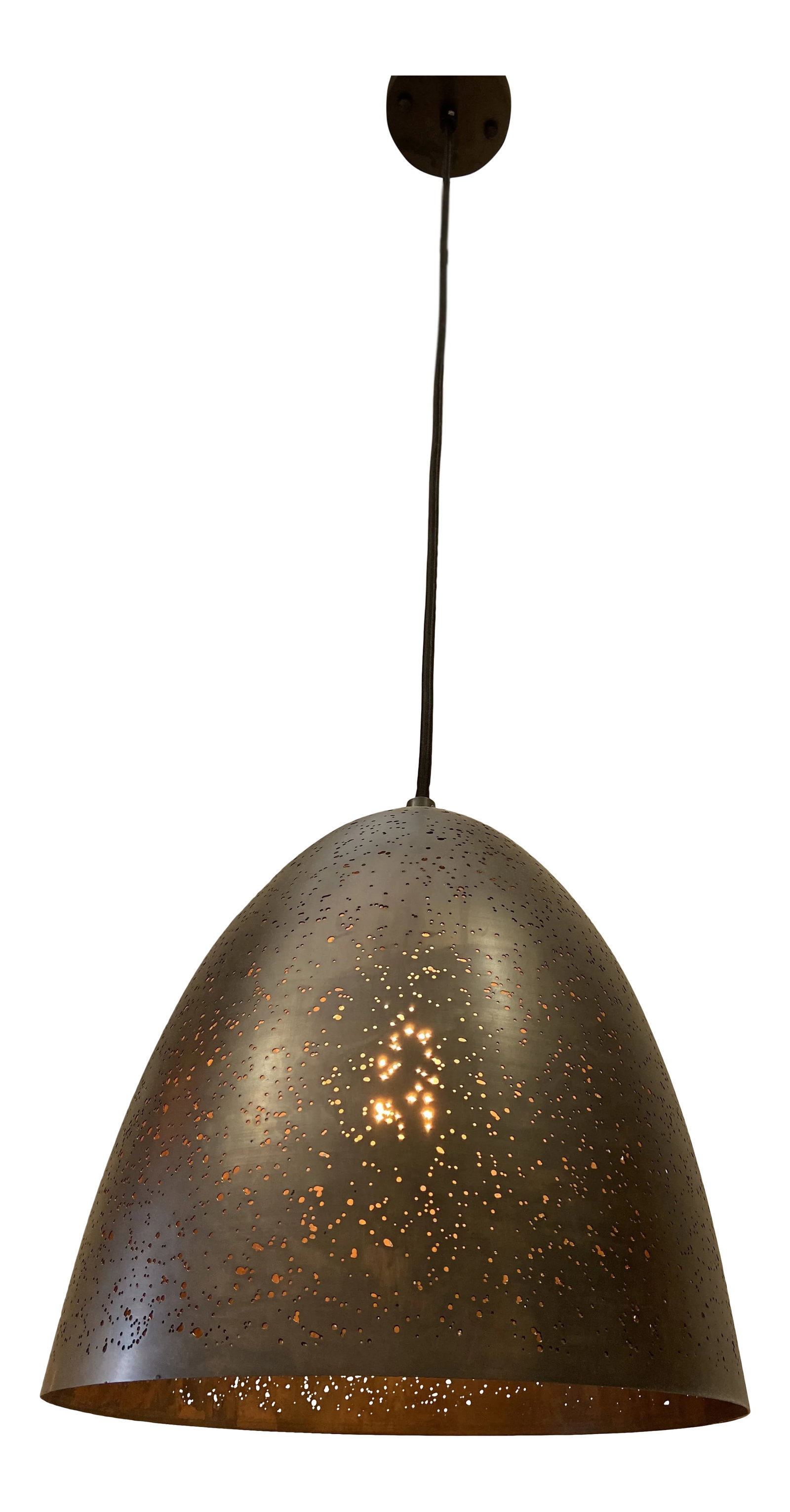 Star Struck Pendant Light in Matt Dark Gray Bronze Metal: Pendant made of blackened metal with random pierced holes which allows the light to shine through. Made by Revelation. A beautifully thin and elegant with random organic holes to allow light through.