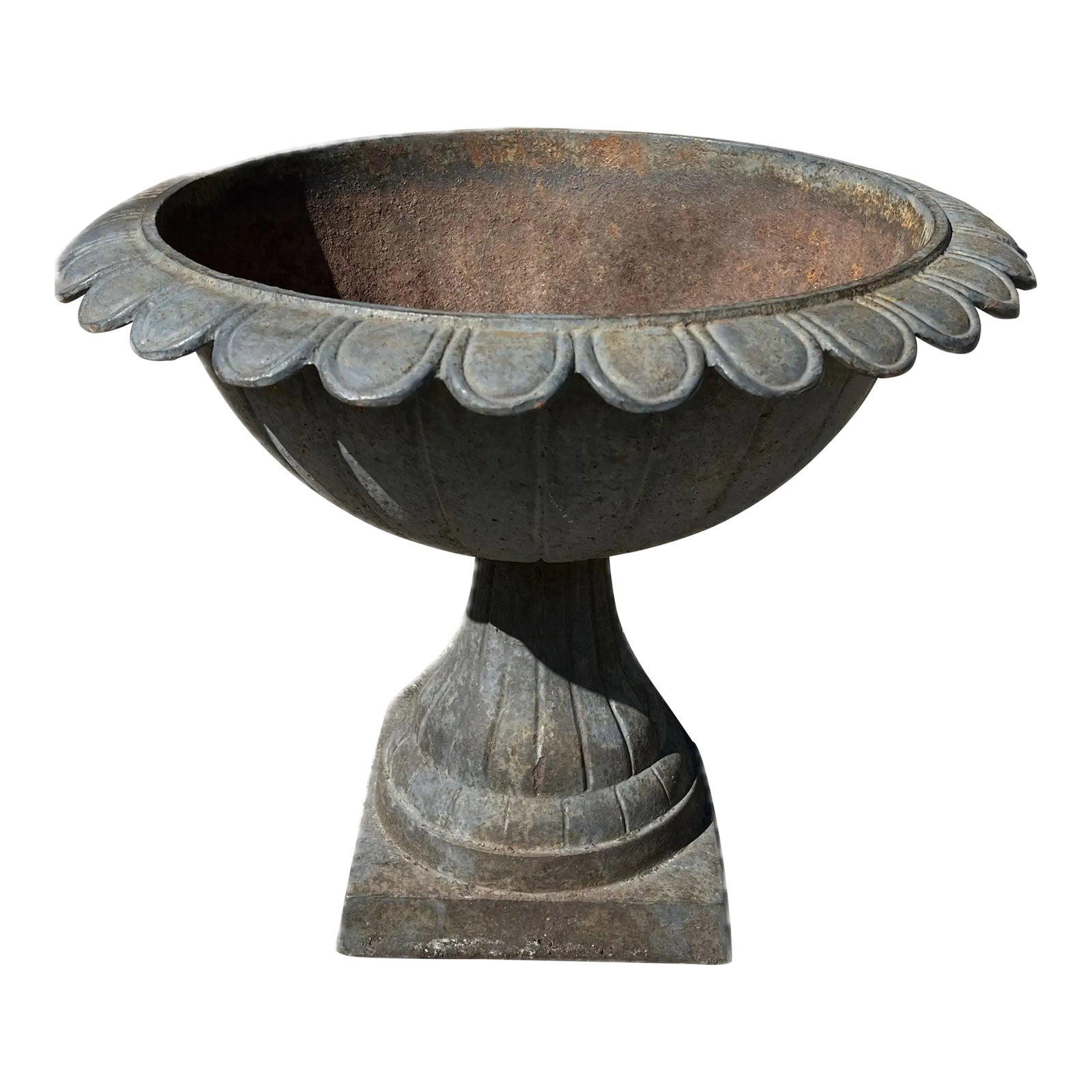 Antique French Blue Grey Low Wide Planter Urn: A rare, antique beautifully blue grey aged French Classic Planter Urn. It appears to have not been additionally painted over the years and in different light you see more of the original color a