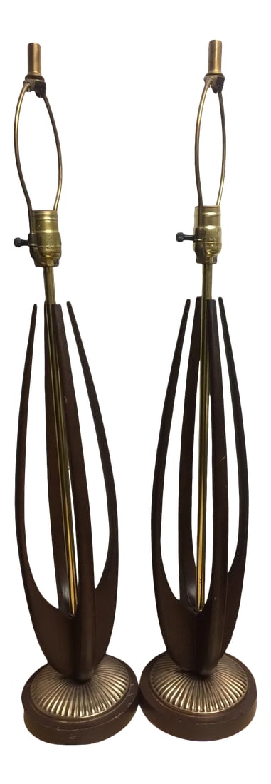 Mid 20th Century Mid-Century Modern Lamps - a Pair: A pair of mid-century modern walnut lamps, circa 1960s. Sculptural three prong walnut body and base. Harps and finials are included Condition: Alterations: Original Condition Unaltered Imperfections: