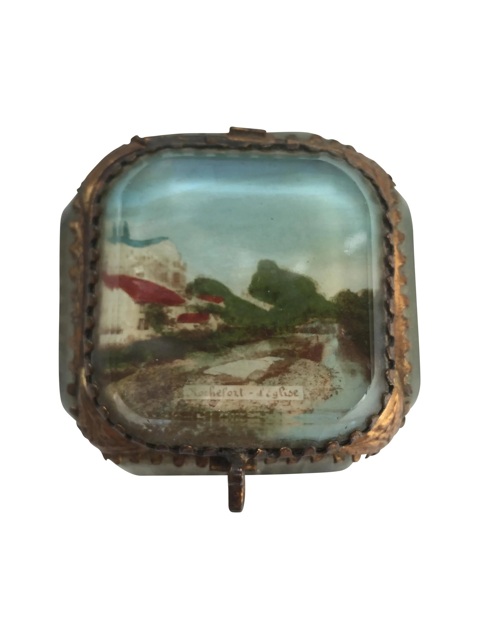Antique Alsatian Souvenir Ring Box: French souvenir ring box. Souvenir of Rochefort, France. A commune in southwestern French a port on the Charente estuary. No maker's mark. French Ormolu and cut beveled glass. Condition: Condition
