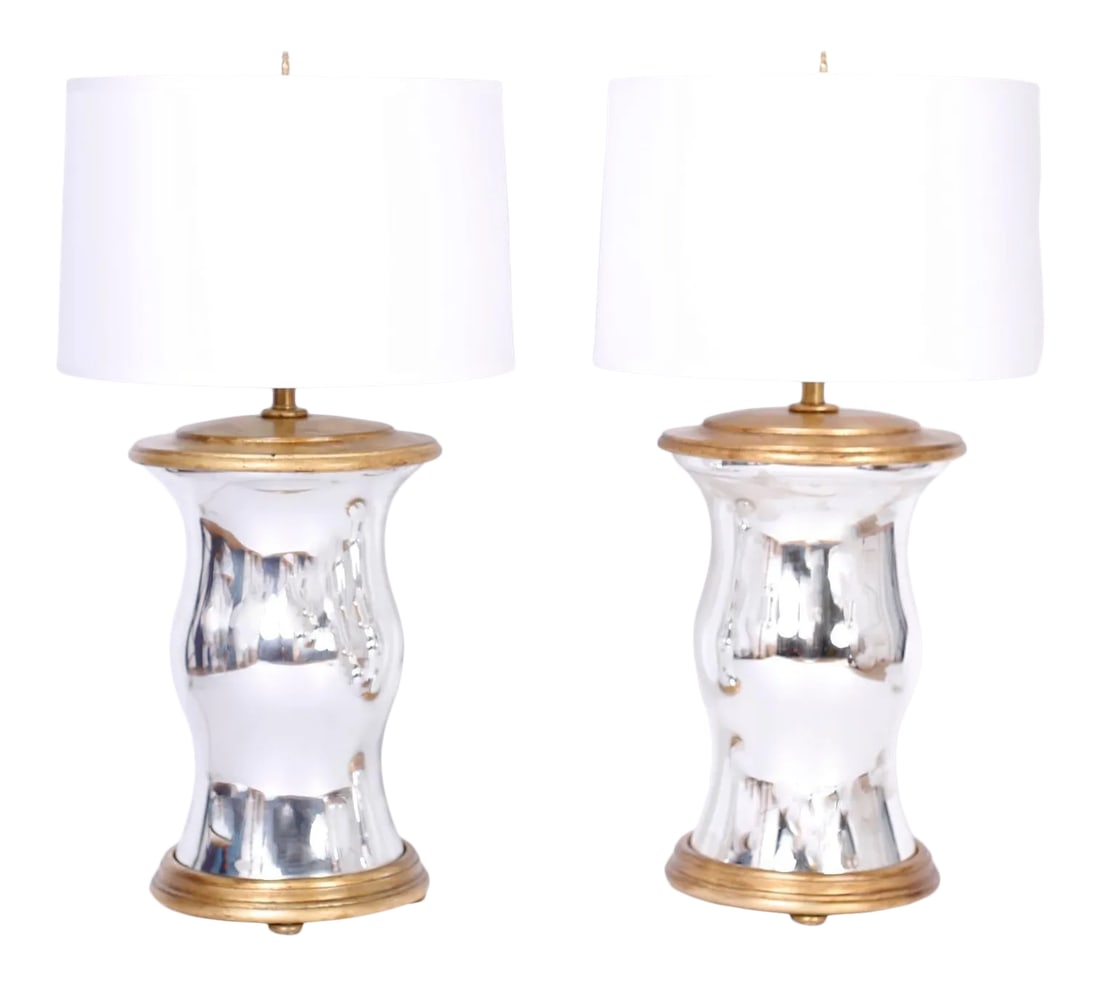 Pair of Modern Mirrored and Gilt Wood Table Lamps: Large scale stand out pair of modern table lamps with mirrored glass bodies in the form of hurricane globes and gilt wood caps and bases with pad feet. Condition: Alterations: Original Condition Unalt