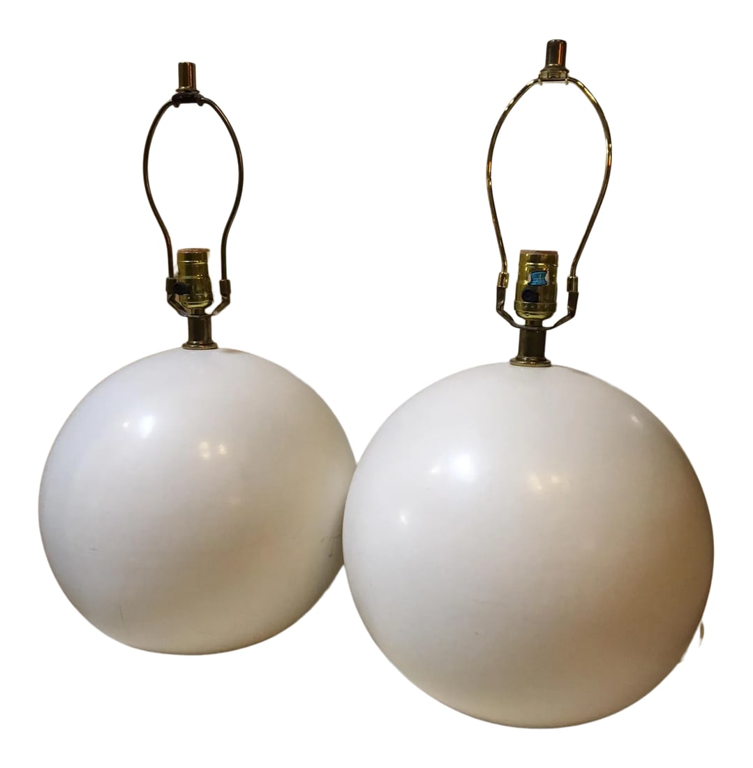 Mid Century Modern Circular Table Lamps - A Pair: A pair of mid century modern circular table lamps. Features spherical pottery body in cream with an eggshell finish. Lampshade not included. Condition: Alterations: Original Condition Unaltered Imperf