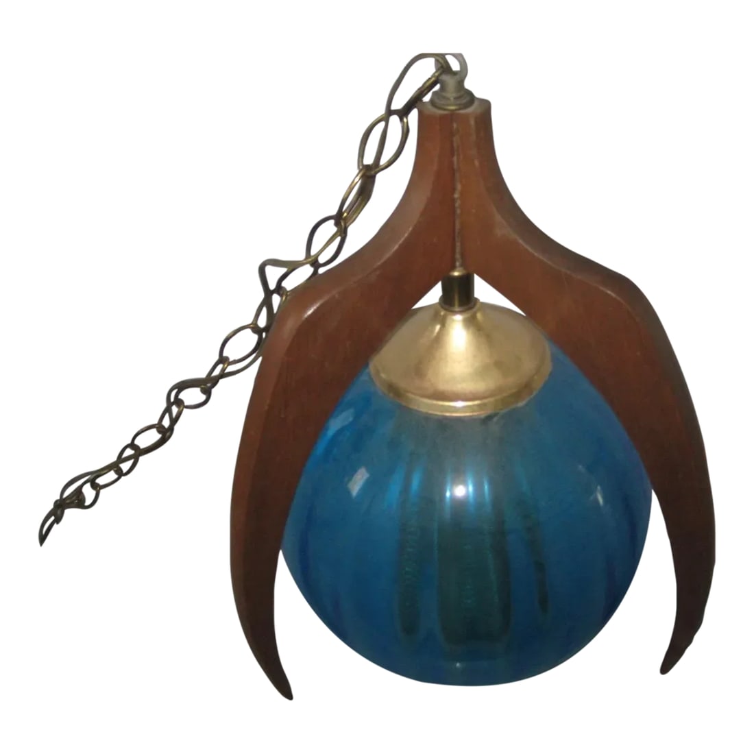 1960s Mid-Century Walnut Pearsall Swag Lamp: Midcentury walnut and blown blue glass Pearsall lamps. They have a 16 inch high walnut three prong exterior with a blue blown glass interior globe with a brass cap and a brass diffuser with a eight