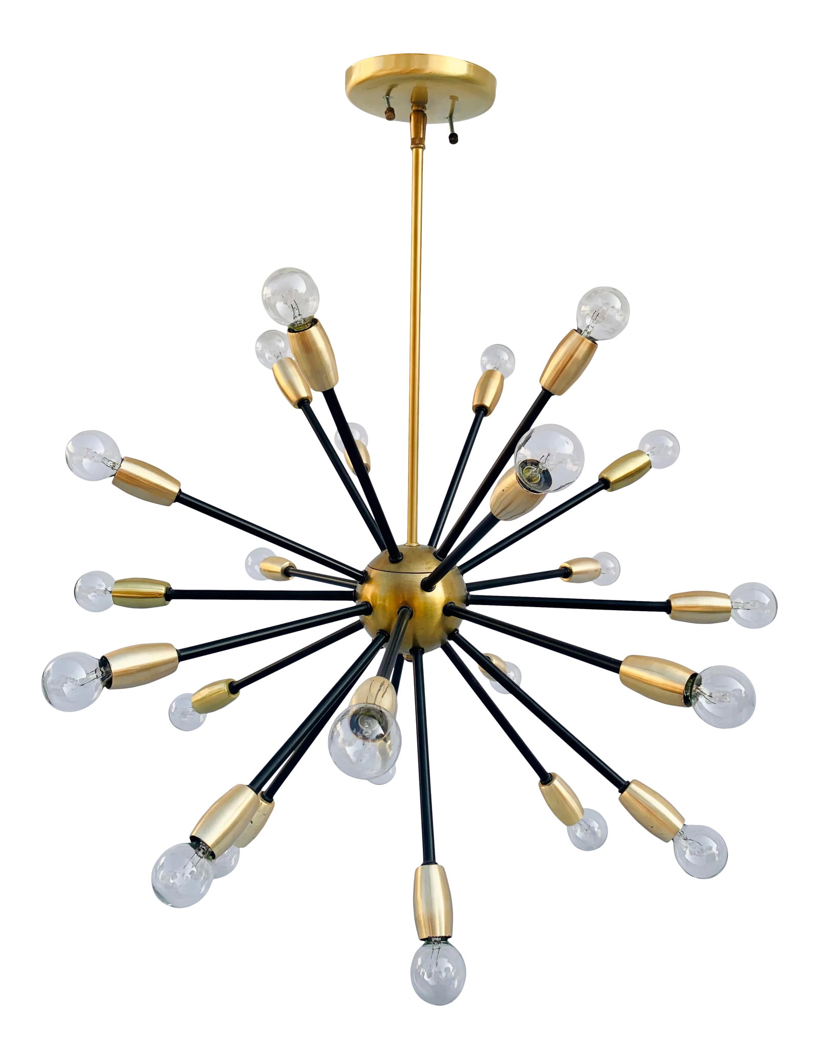 Sputnik Black and Brass Chandelier: This is a 24 bulb Sputnik starburst Chandelier. With black and brass accents. Metal base. Perfect for that contemporary, hollywood regency style home. The sphere is 22" wide and the chandelier hangs