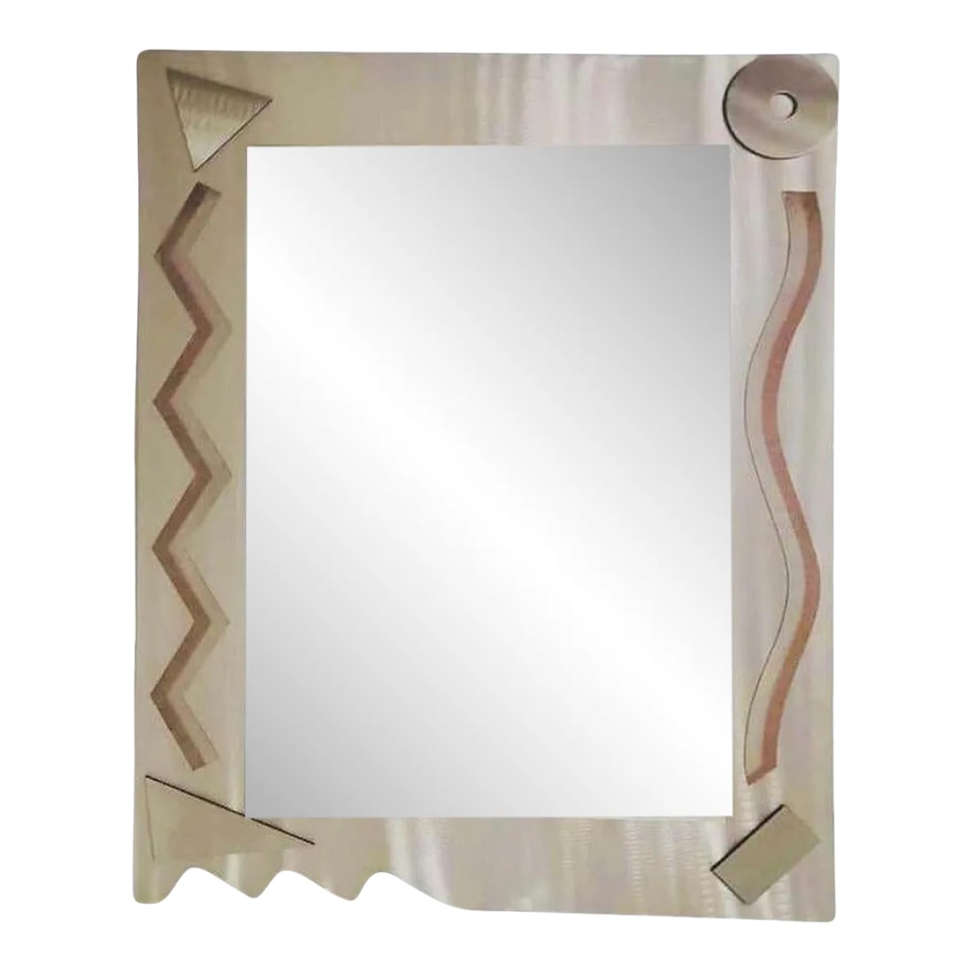 Sale! 90s Postmodern Post Modern Alessandro Mendini for Glas Italia Memphis Industrial Metal Wall Mi: Postmodern 1990's Alessandro Mendini for Glas Italia Architectural Industrial Mixed Metals Wall Mirror Metal has a raw brushed finish with an overall Silver and Copper coloration. Design incorporates
