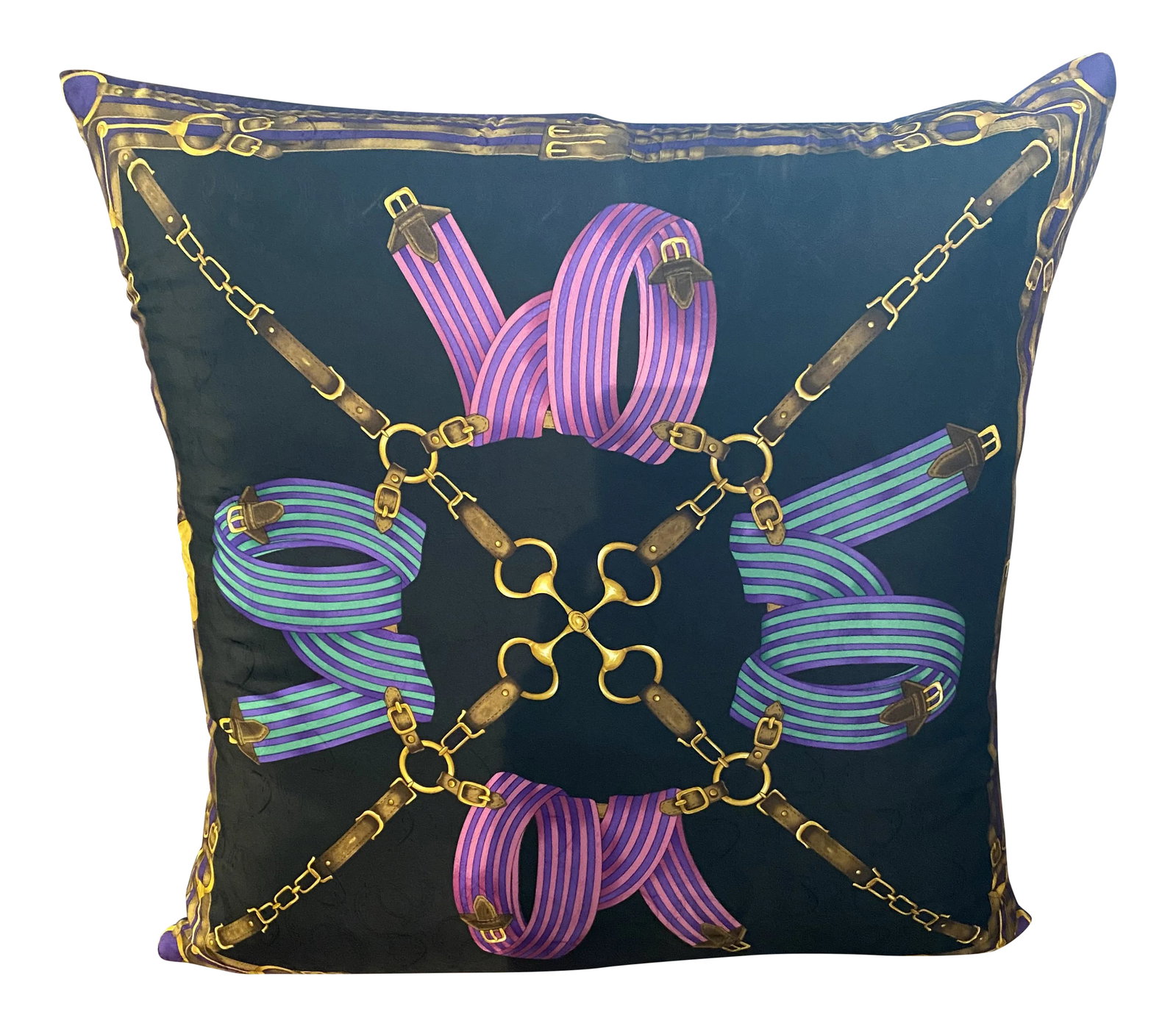 Ralph Lauren Attributed Custom Equestrian Oversized Throw Pillow: Customer designer oversize throw pillow with Ralph Lauren silk scarf face in an equestrian motif and contrasting back black fabric with silver strands. Includes brand new fill still in packaging. 34"