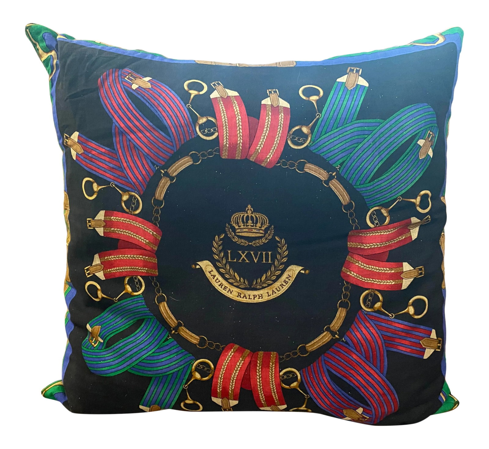 Ralph Lauren Attributed Custom Equestrian Oversized Throw Pillow: Customer designer oversize throw pillow with Ralph Lauren wool scarf face in an equestrian motif with subtle silver sparkle and contrasting back with envelope closure. Includes brand new fill still in
