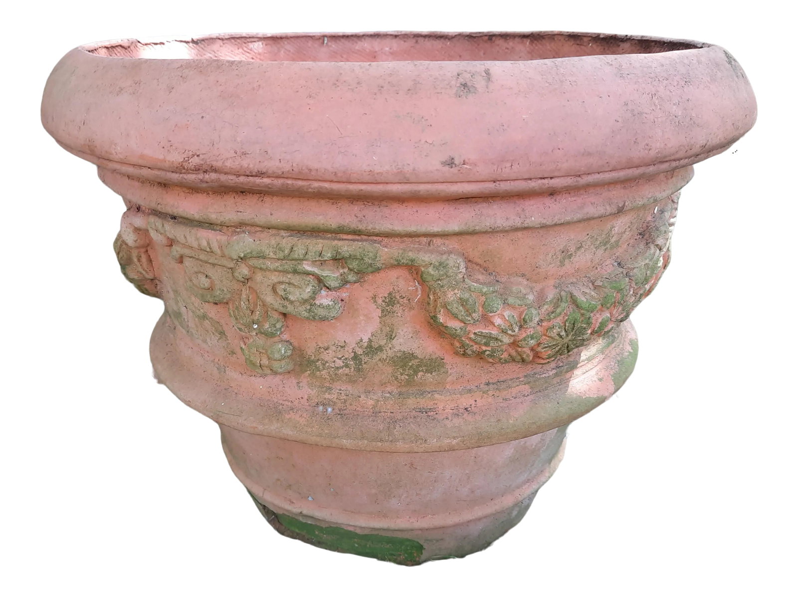 Italian Dellarobbia Garland Terracotta Pot: Vintage Italian Terracotta Pot with traditional Dellarobbia raised garland. Stamped on the inside with a number. Hand-made in Italy. Very heavy with drainage hole at the bottom. Beautiful patina from