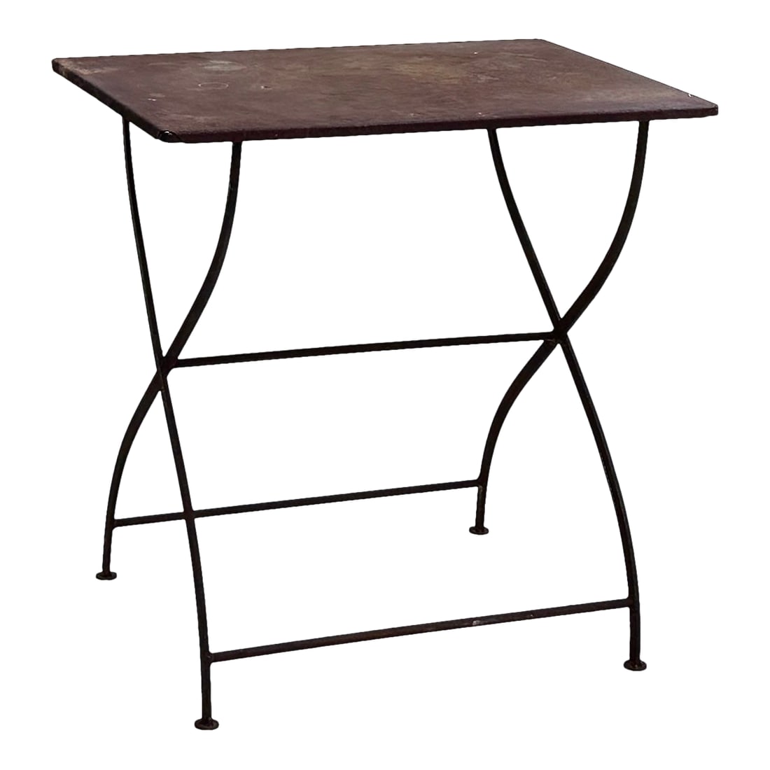 Antique French Iron Garden Table, Rectangular Top, Circa 1900: Antique French wrought iron table, circa 1900, with hand-formed top and sculptural X-form legs-an authentic piece with honest patina and refined industrial appeal. An antique French wrought iron