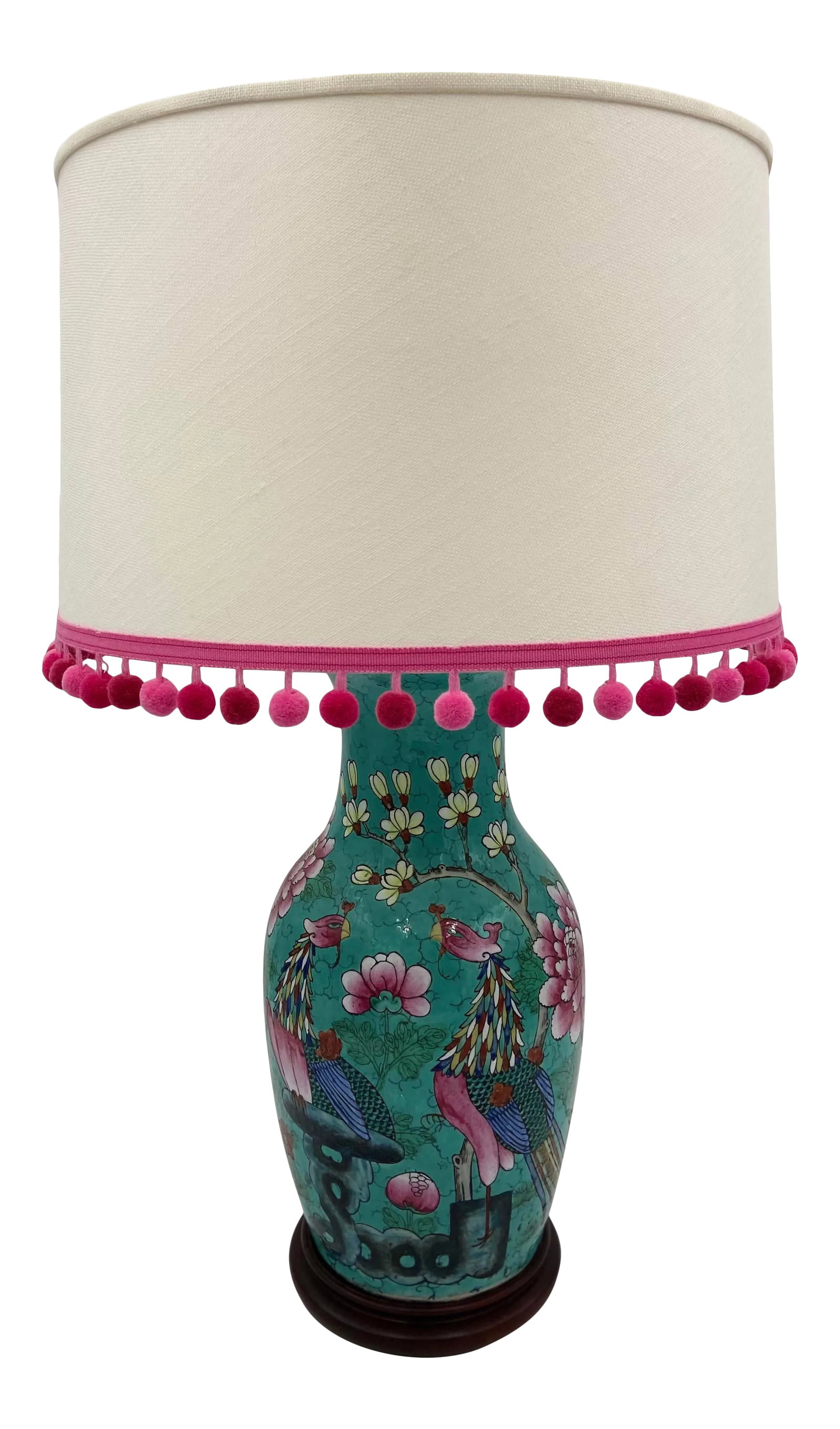 Antique Chinese Famille Rose Aqua Lamp With Samuel & Sons Trimmed Shade: 19th century Chinese Famille Rose aqua - turquoise vase table lamp with a shade trimmed in Samuel and Sons hot pink pom poms. This Palm Beach Regency style lamp dates from the late 19th century and fe