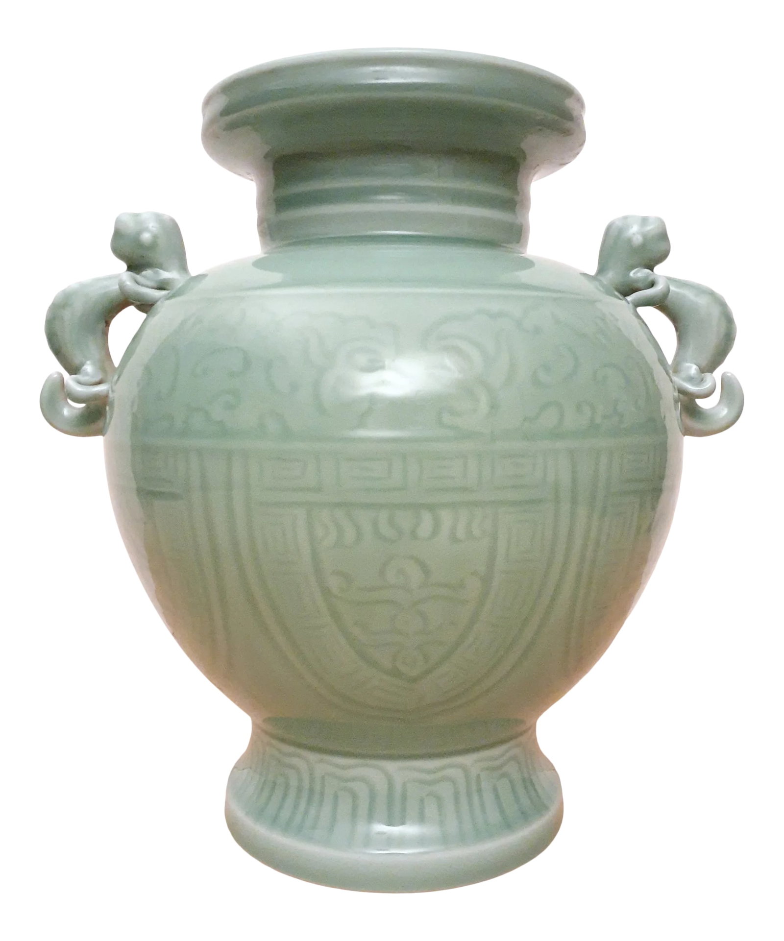 Early 20th Century Chinese Porcelain Celadon Dragon Handled Vase: Chinese porcelain celadon dragon handled vase, a band of archaic stylized dragons above the waist, a band of Ru Yi chevrons with meander borders below the waist, body flanked by a pair of stylized dra