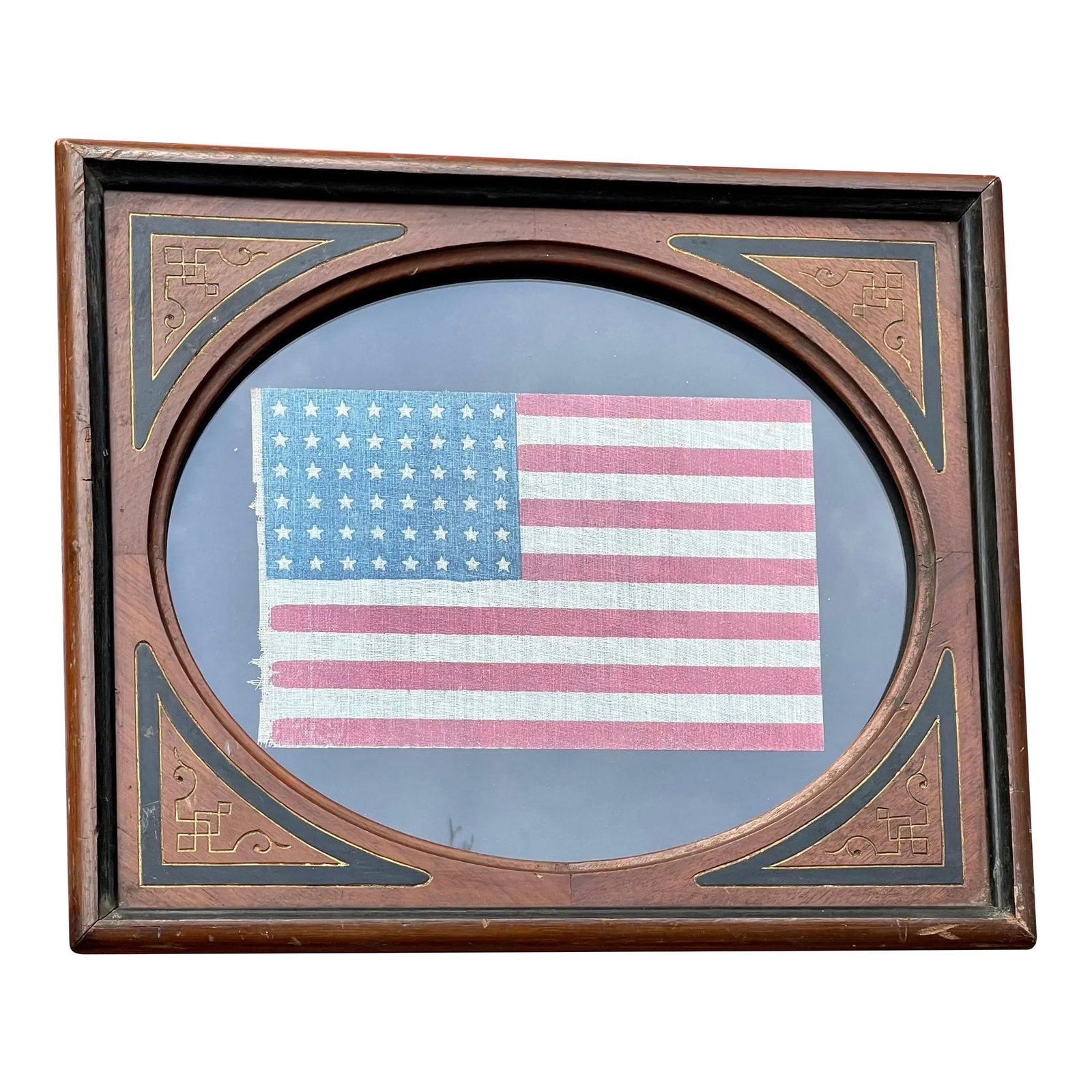 1930s 48 Star American Flag Gauze in 1880s Frame: Circa 1930s 48-star American flag in antique 1880s frame. This is a rare cotton gauze American flag, in a scarce size. About 9 x 6 We acquired it from an estate and framed it in one of our signature a