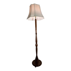 Vintage Carved Wood Floor Lamp With Pleated Fabric Shade