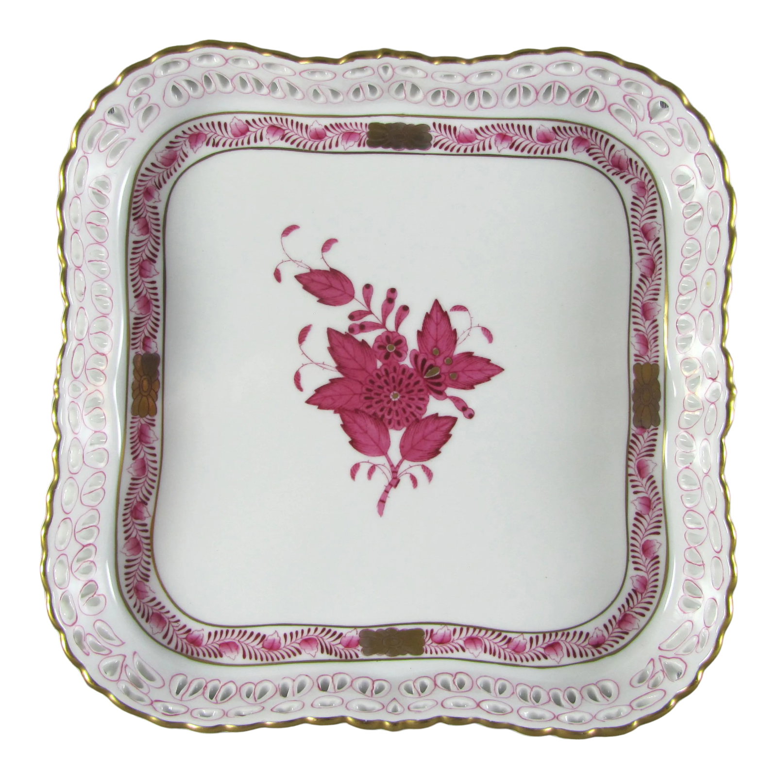 7" Herend Chinese Bouquet Raspberry Square Openwork Gallery Tray (1 of 5)