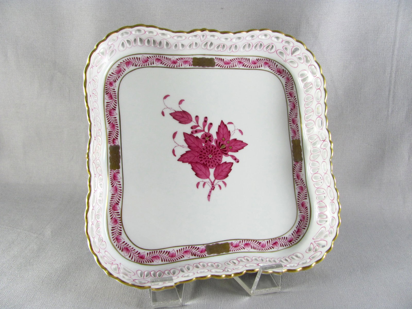 7" Herend Chinese Bouquet Raspberry Square Openwork Gallery Tray - 2