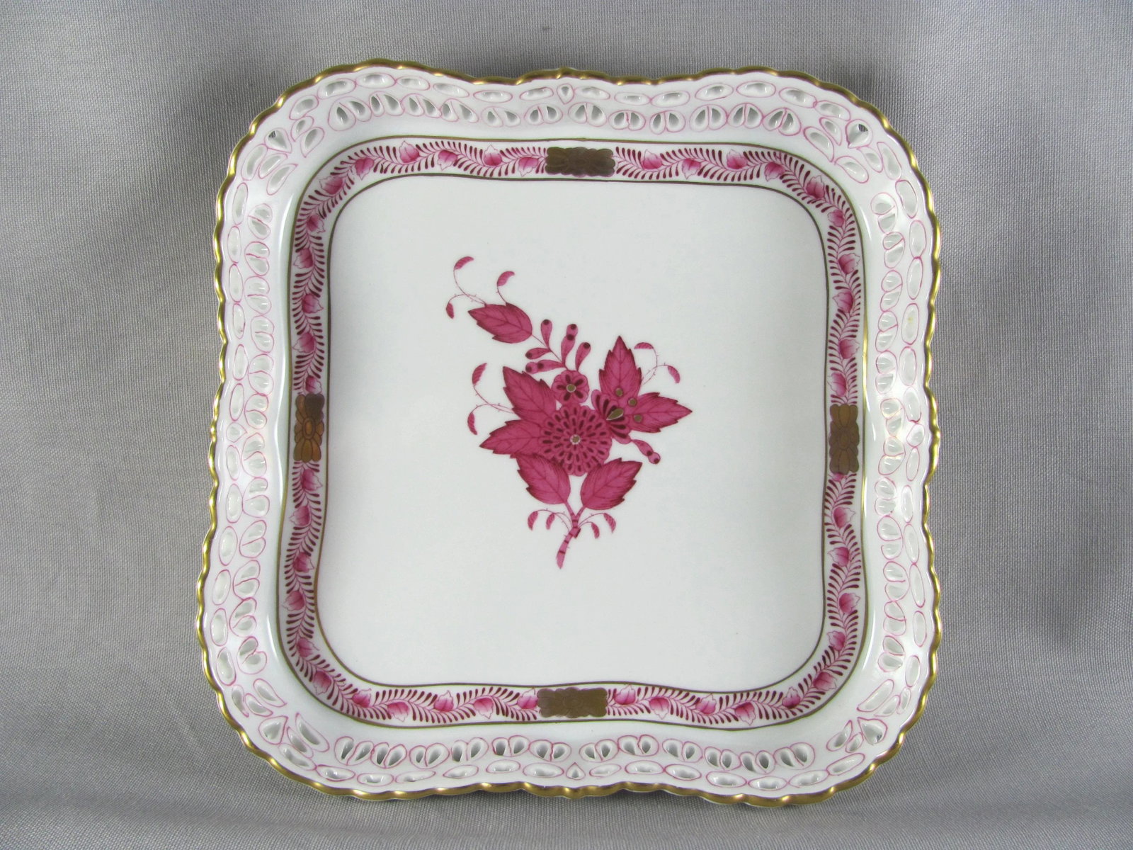 7" Herend Chinese Bouquet Raspberry Square Openwork Gallery Tray - 5