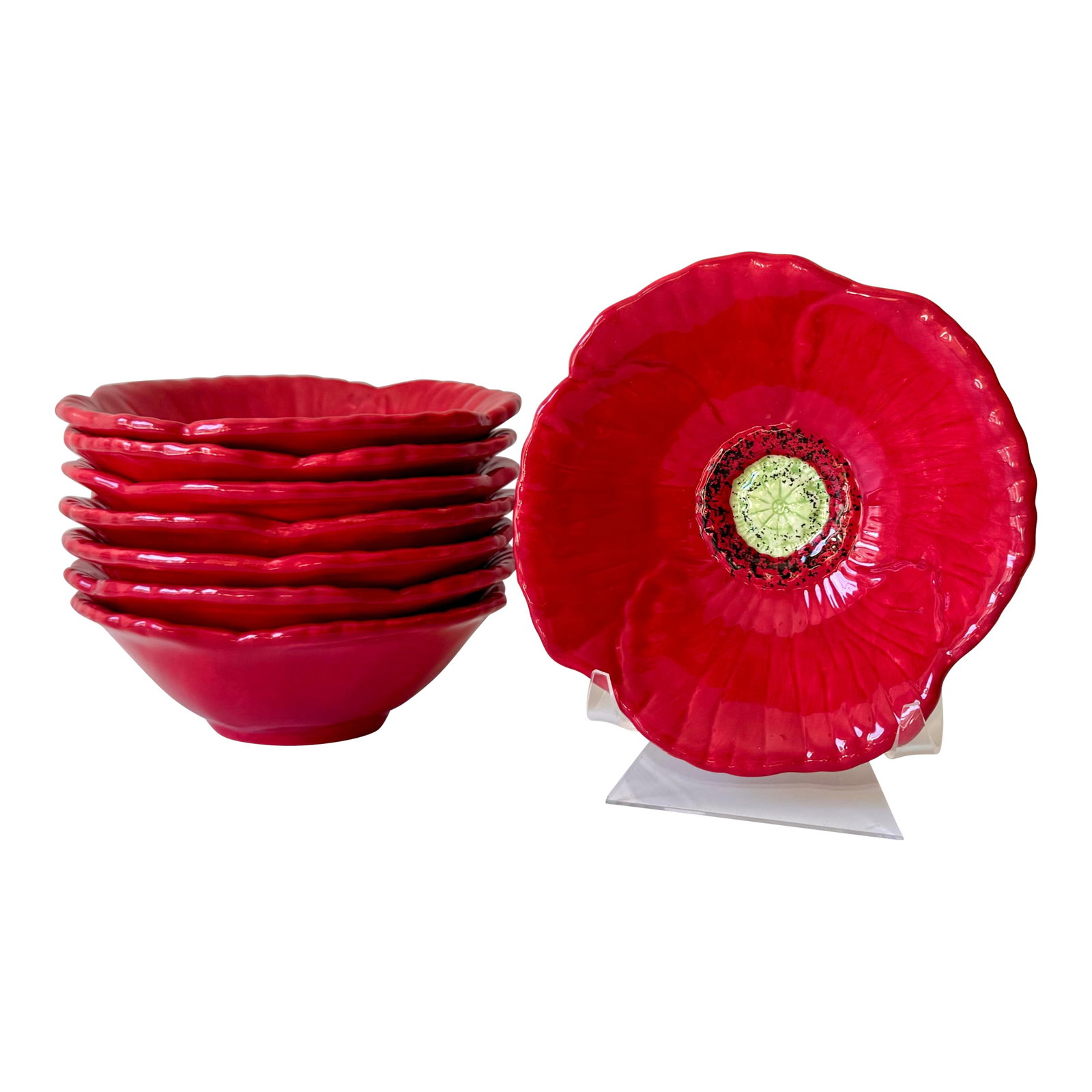 Late 20th Century Red Poppy Flower Hand Painted Salad Bowls Set: 8 Piece: Vintage set of 8 red poppy flower, Fleur Rouge hand painted salad bowls. Figural bowls from NV Ambiance Collections. Condition: Alterations: Original Condition Unaltered Imperfections: Some Imperfecti