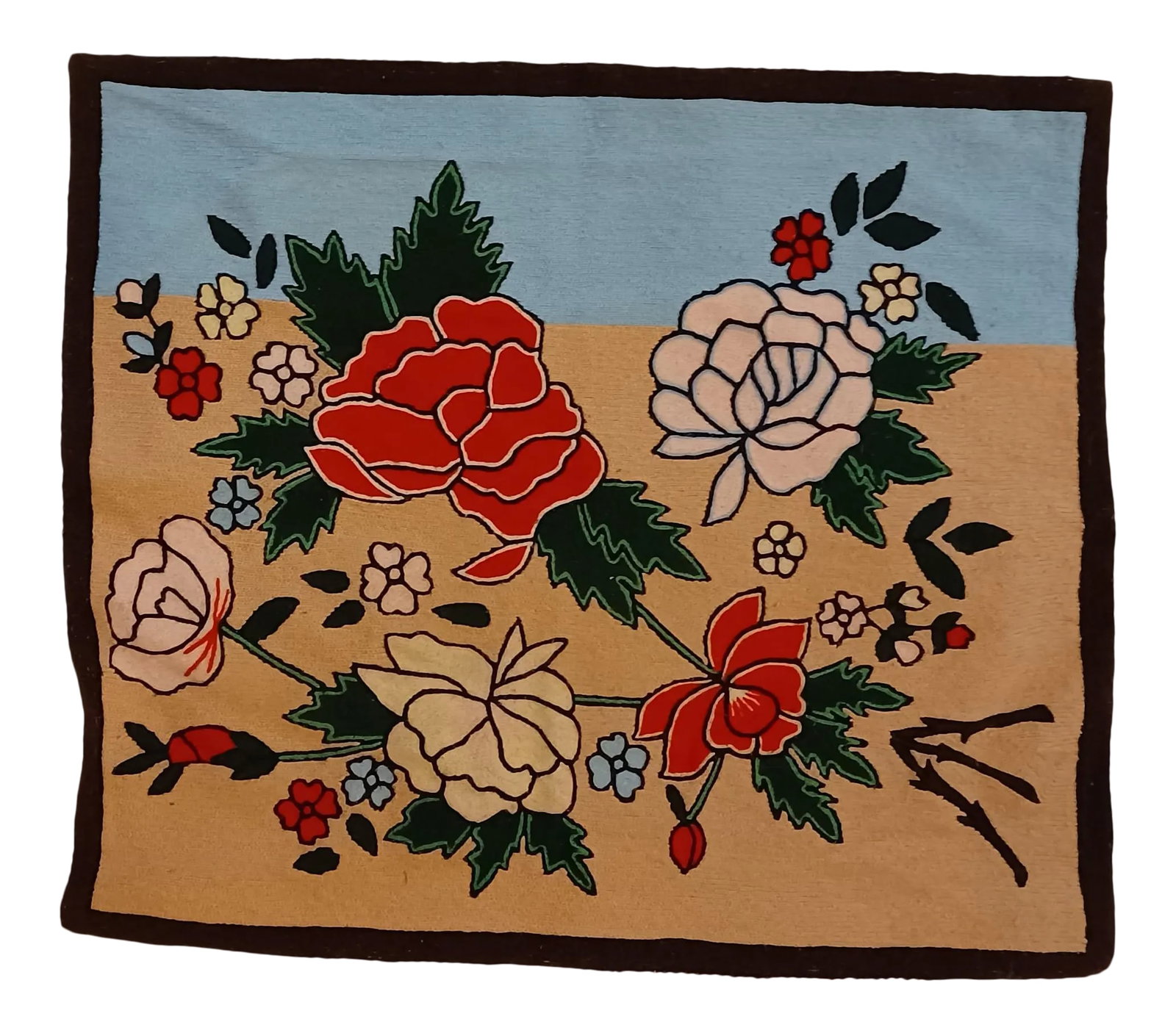 Vintage Crewel Art: Handmade crewelwork in a Mid-Century Modern Hawaiian theme. The ocean, sand, and floral motif add a splash of 'Aloha!' to any room. I'm sure the original artist envisioned this piece as wall art, or m