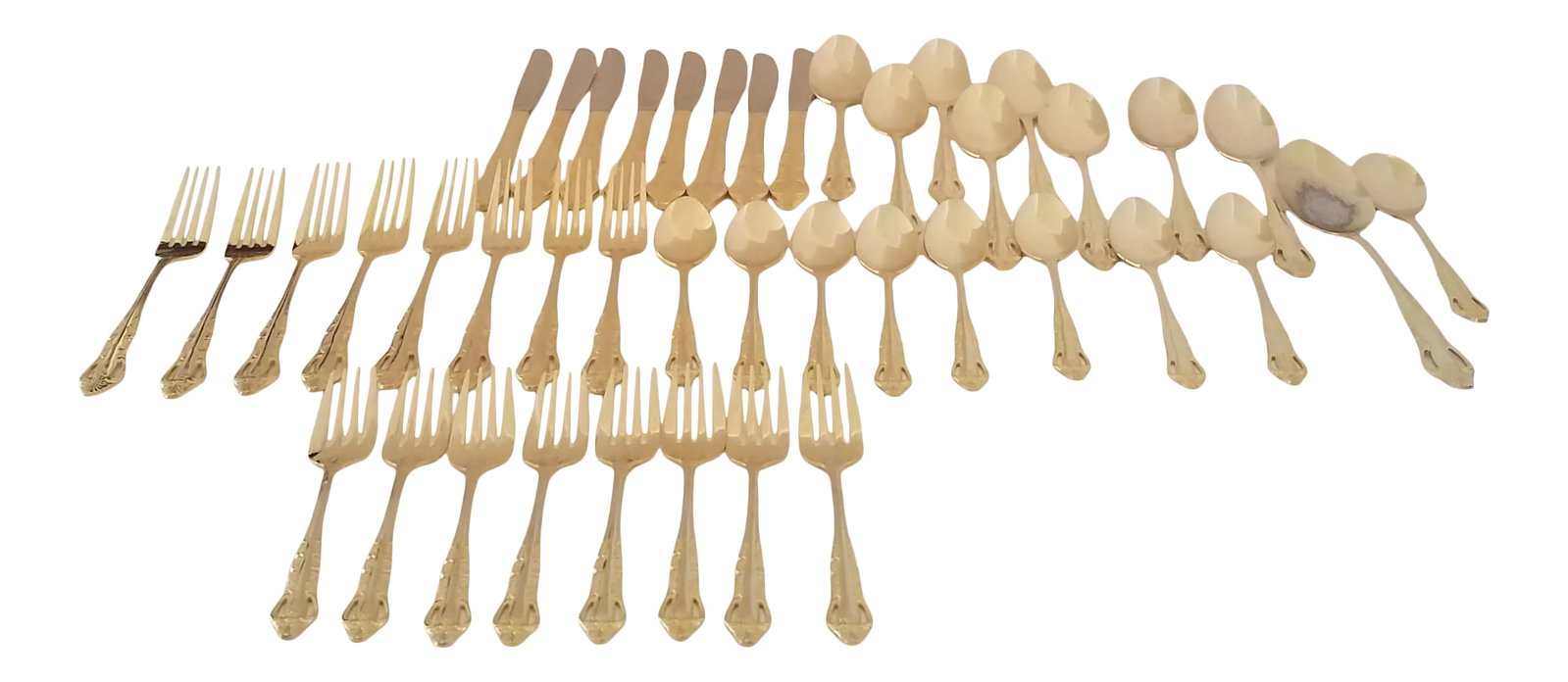 1970s E. P. International Gold-Plate Flatware, 42 Pieces: Vintage E. P. International gold-plate flatware set of 42 pc. 1970's. 8 dinner forks, 8 salad forks 8 teaspoons, 8 table spoons, 8 dinner knifes, 1 large serving spoon, 1 sugar spoon. Beautiful flatwa