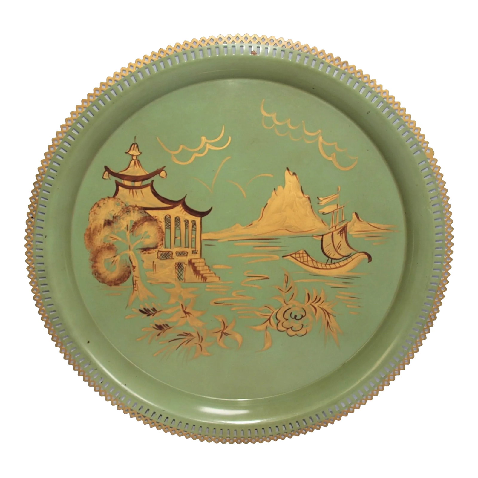 Mid Century Asian Round Painted Tray (1 of 6)