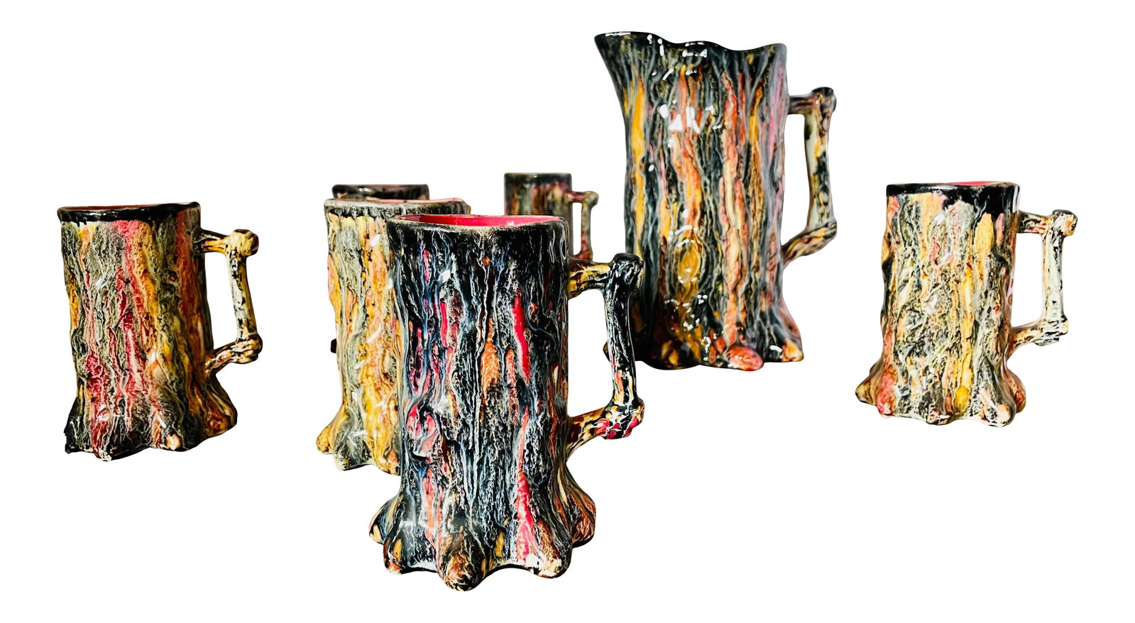 Vintage Faux Bois Majolica Pitcher & Mug Set- 7 Pieces: Multi-colored festive faux bois bar set with six handles mugs and a large pitcher. There are no makers marks. Fun summer hostess gift! Condition: Alterations: Original Condition Unaltered Imperfection