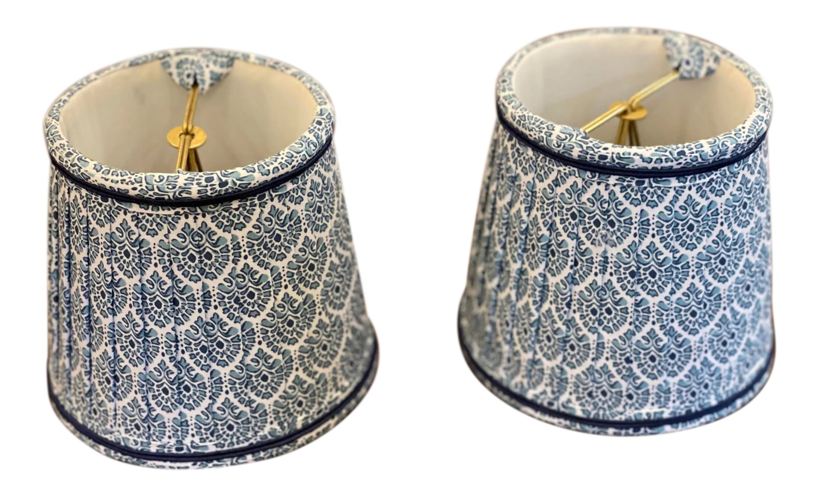 Custom Lamp Shades With Blue Pattern - a Pair: These custom made Sconce Shades are beautifully made with Transitional feel. They are perfect for adding a pop of color to your wall. With a bulb clip, they can easily fit on your lighting. Dimensions