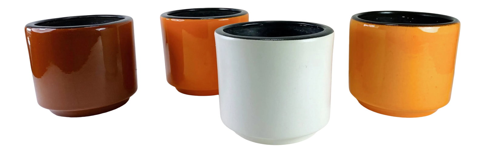 Vintage Mid Century Architectural Pots - Set of 4: Four MCM Architectural Pots in wonderful Mid Century Modern Colors. Rim of each pot overhangs slightly reminiscent of John Follis and Gainey Pottery pieces. Each piece measures 5" Diameter X 4.5" H |