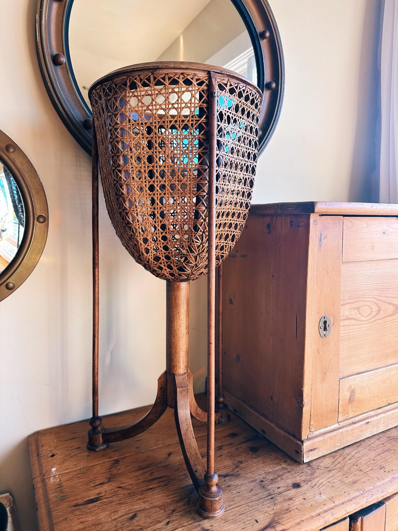 1910s Carved Fruitwood Plant Stand With Cane Basket - 12