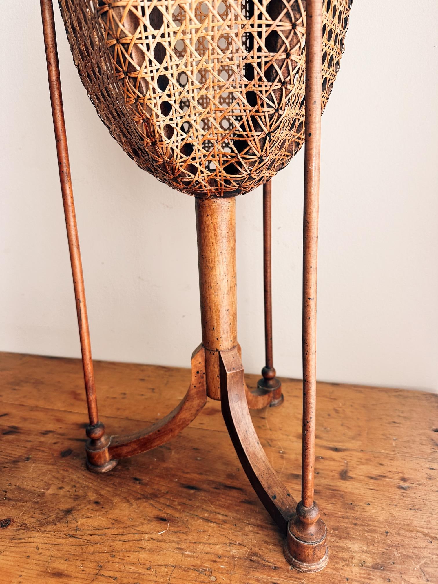 1910s Carved Fruitwood Plant Stand With Cane Basket - 6