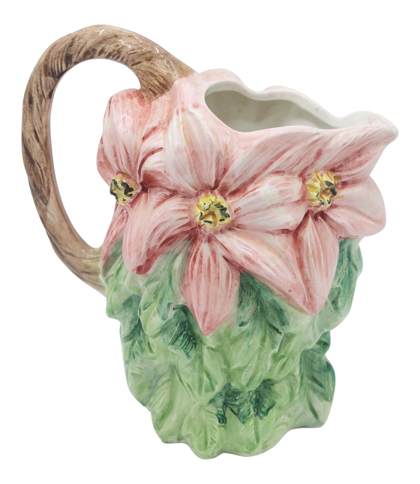 1960s Vintage Italian Ceramic Floral Pitcher: A lovely Italian ceramic pitcher adorned with sculptural flowers, circa 1960. This is a charming pitcher that is perfect for beverages or could be a unique vase. Condition: Alterations: Original