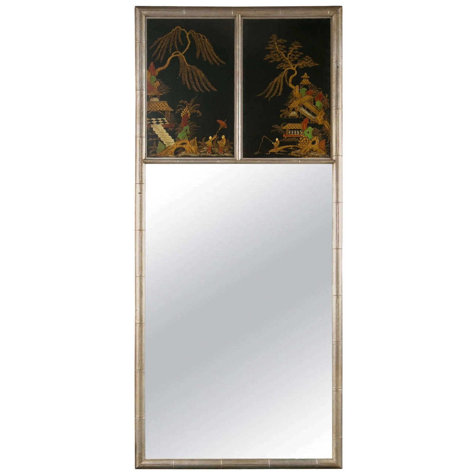 Chinoiserie Style Faux Bamboo Mirror: A decorative mirror, 20th century, the silver painted faux bamboo frame surmounting a rectangular glass plate, the top decorated with Chinoiserie hand-painted scene. Condition: Condition Notes: Good