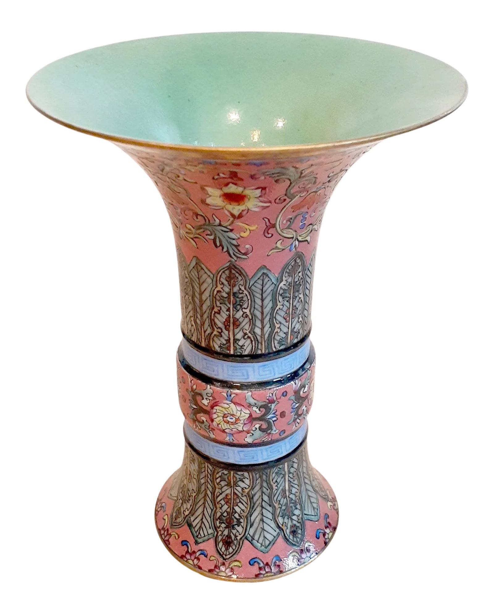 Early 20th Century Chinese Porcelain Famille Rose Gu Form Vase: Chinese porcelain Famille Rose Gu form vase, srylized floral embellishment throughout, Qianlong mark to the base, gilt rim and foot, skirted base, raised floral banding on the body with meander