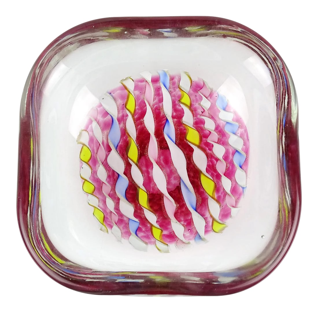 Vintage Murano Pink Yellow Blue White Aventurine Flecks Ribbons Italian Art Glass Mid Century Bowl: Beautiful vintage Murano hand blown twisted blue, pink, yellow, and aventurine ribbons Italian art glass bowl. It has a crystal clear rim, and the ribbons hover over a bed of fuchsia pink dots.