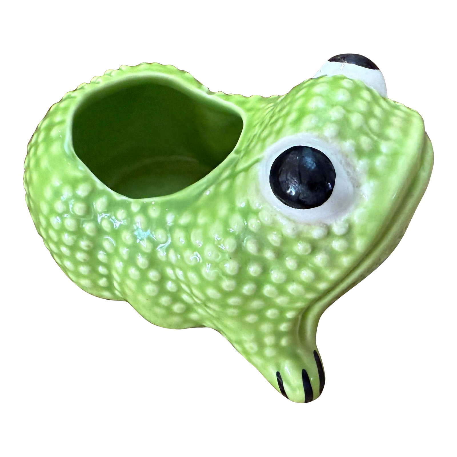 Vintage Mottahedeh Jean Rogers Style Frog Planter: Sweet Jean Roger's style hobnail frog planter. Bright green. Made by Mottahedeh, makers sticker still affixed to bottom. In excellent condition. Condition: Alterations: Original Condition Unaltered