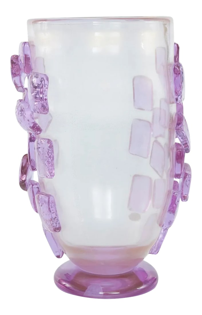 Art Deco Style Murano Glass Decorative Vase: Late 20th century Art Deco style Murano glass decorative piece / vase with gold flecks and side design details. The vase is in great condition. Minor wear consistent with age / use. Maker's mark