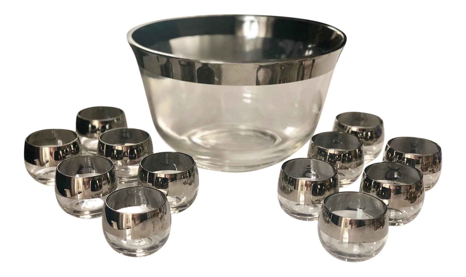 Mid-Century Iconic Dorothy Thorpe Silver Rim Punch Bowl & Roly Poly Glass, Service for Twelve (1 of 7)