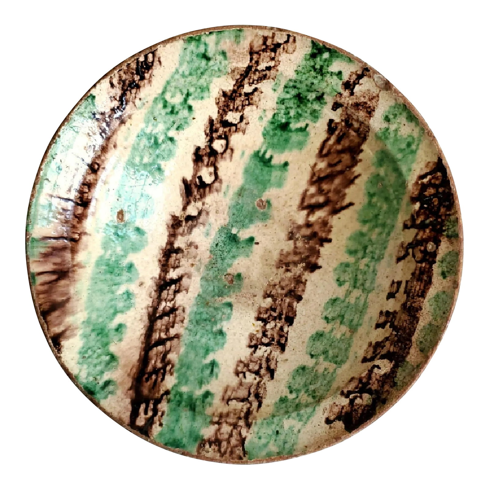 Mid 18th Century Middle Eastern Bowl With Splashware Glaze: Mid 18th Century Middle Eastern Bowl with Splashware Glaze. Very fine, large Persian earthenware bowl in excellent condition. Jadeite green and burnt umber "splashware", or "marbled decoration",