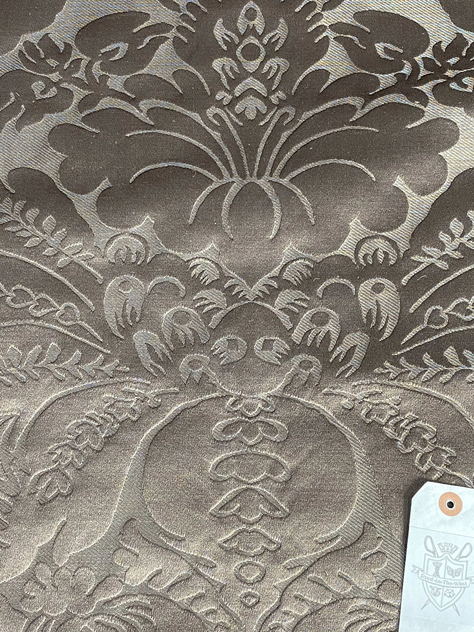 Italian Baroque Brocatelle in Silk Blend Fabric - 14 3/4 Yards: A popular Baroque style design in a 16th century quality developed to simulate Spanish embossed leather. The color is a contemporary mocha chocolate, refer to the last two photos for color. The