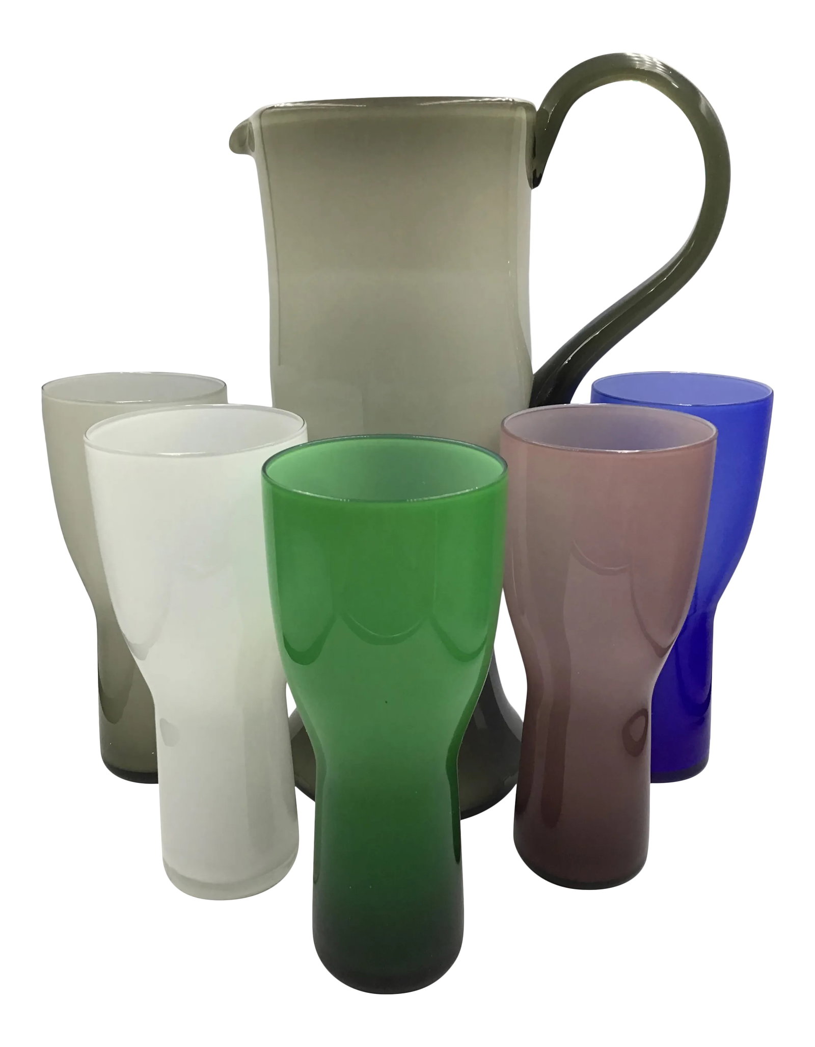 1950s Mid Century Cased Glass Murano Balboa Pitcher and Multicolored Cocktail Glasses - Set of 6 (1 of 8)