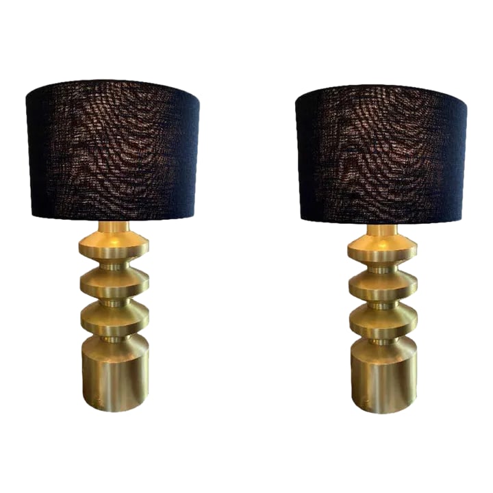 Martin Huxford Brutalist Table Lamps in Satin Brass Finish - a Pair: Martin Huxford "Studio Brutale" Table Lamps in Satin Brass Finish. In the Manner of Mid-Century Modern Brutalist with form emphasis on the inherent beauty of strong, simple forms, this imposing design