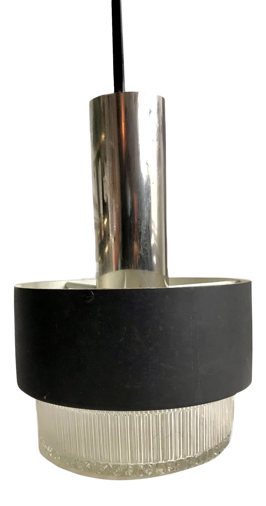 1960s Mid-Century Dutch Philips Pendant Ceiling Lamp by Louis Kalff: a vintage 1960s Dutch Scandinavian design pendant light by Philips this beautiful Mid Century hanging lamp features a round metal shade with black enamel finish and a clear textured glass lower part b