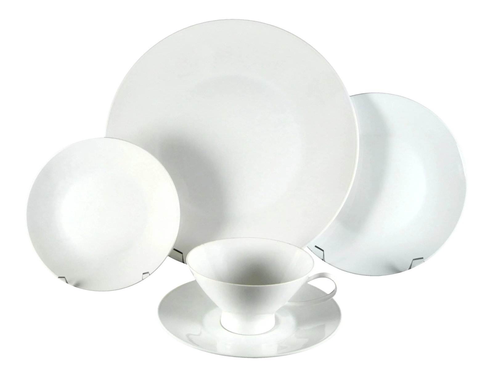Mid Century Rosenthal Classic Modern White Service for 4 Dinnerware - 20 Piece Set: No chips nor cracks Glossy glaze is vibrant and crisp with little, if any, gloss loss Light utensil/scuff marks Discoloration on underside bottom unglazed feet. Cups also have black and blue discolora