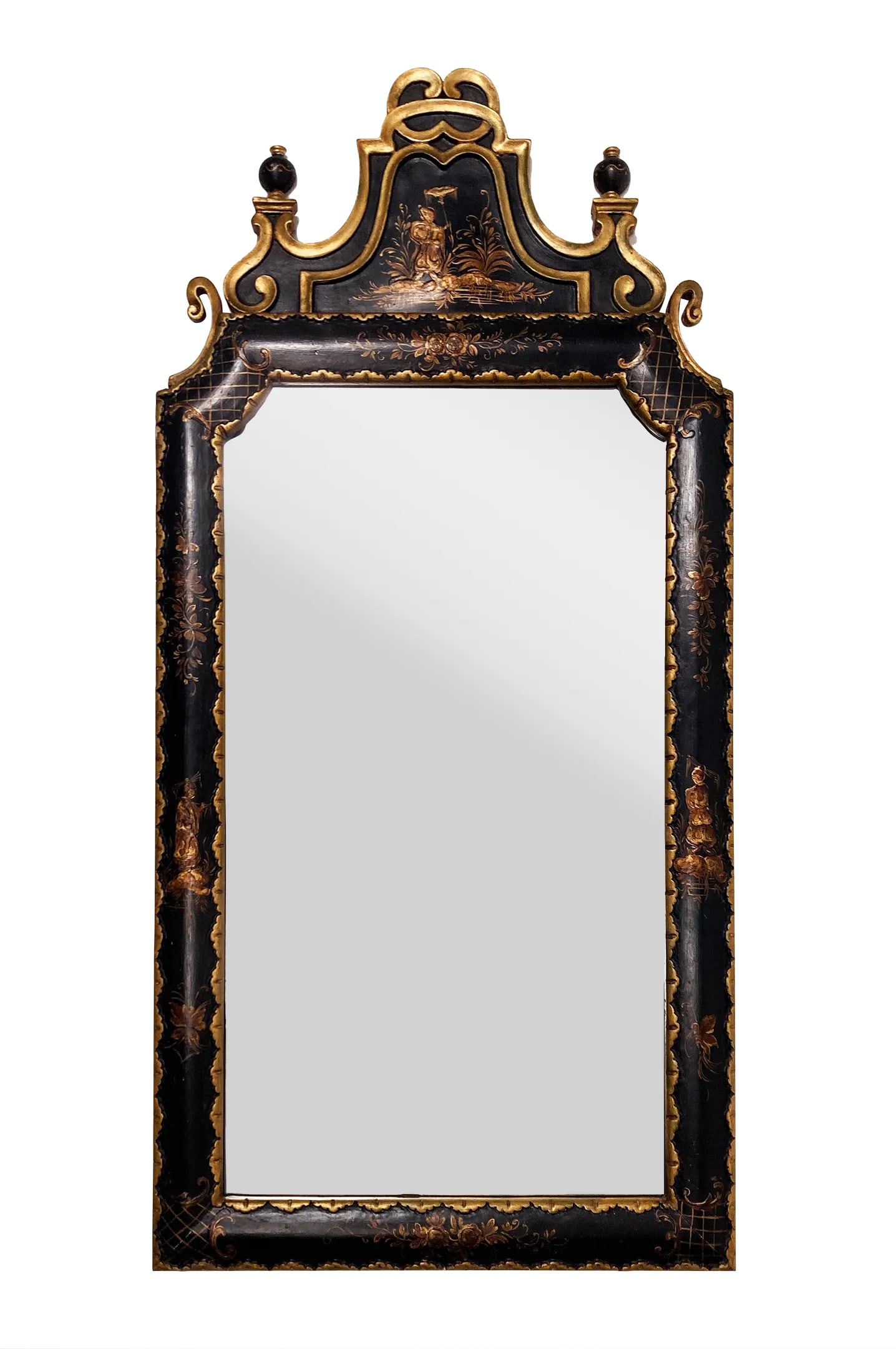 Early 20th Century Italian Black and Gold Gilt Wood Chinoiserie Design Mirror: This extraordinary European-made chinoiserie mirror was made in the early 20th century. The origin of this piece is most likely Italy based upon the markings. The ebonized/lacquered frame is the found