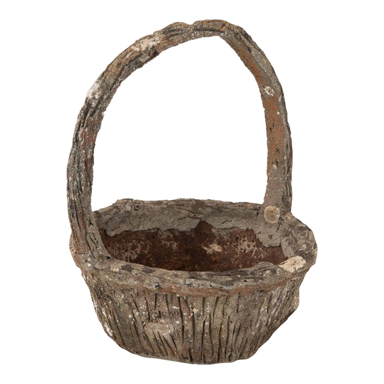 Faux Bois Basket Garden Ornament: An early 20th century detailed faux bois cast stone planter in the shape of a basket with handle. The orname faux bois pattern on the basket and the handle are a reflection of the quality of the origi
