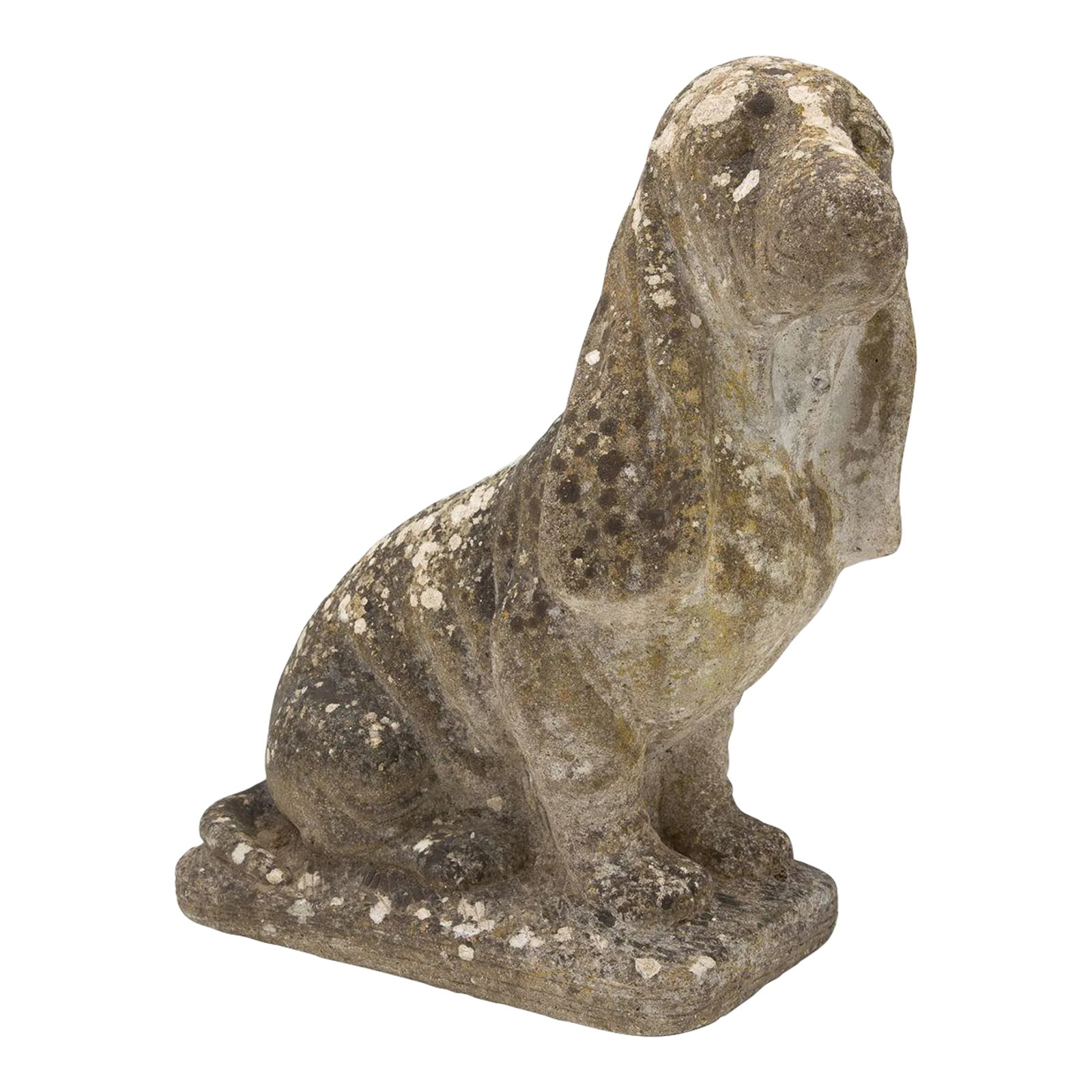 Cast Stone Blood Hound Dog Garden Ornament: A beautifully patinated hound dog garden ornament. Maintaining its original form with minor losses, the highly desirable patina has given this hound lovely green elements. Condition: Alterations: Orig