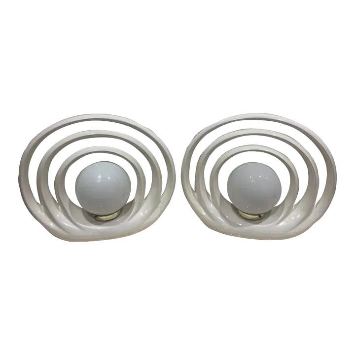 1980s Ceramic Halo Lamps - a Pair: 1980s Ceramic Halo Lamps - a Pair Amazing condition in cream color Condition: Alterations: Original Condition Unaltered Imperfections: Some Imperfections Condition Notes: working condition and no chip