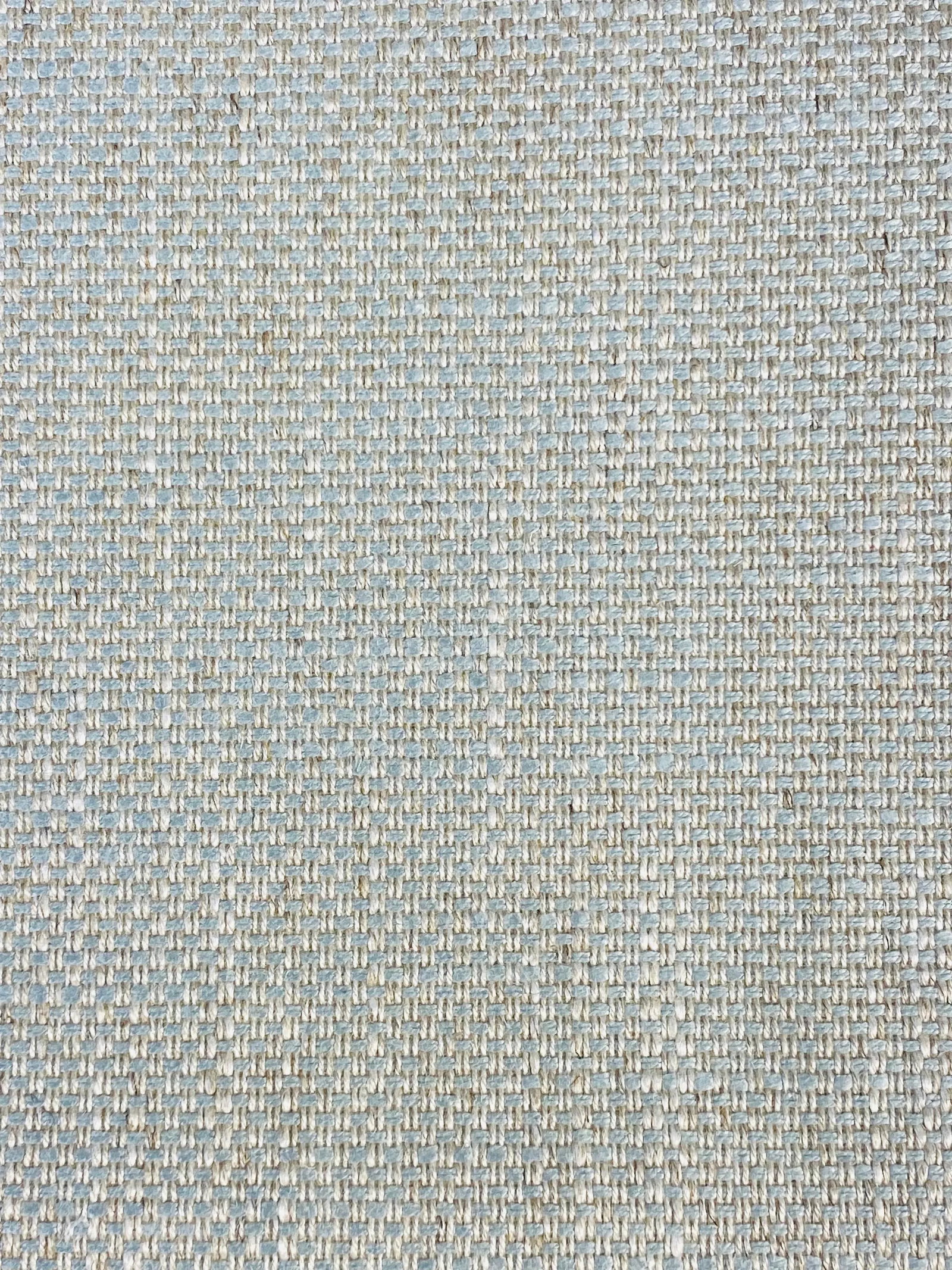Ian Mankin "Perth" Texture - 8 Yards: Plain woven in a simple basket weave with natural off-white yarns and pale blue weft yarns. Very soft hand with a medium luster. Passes 25,000 Martindale which is great for general domestic use. BRAND