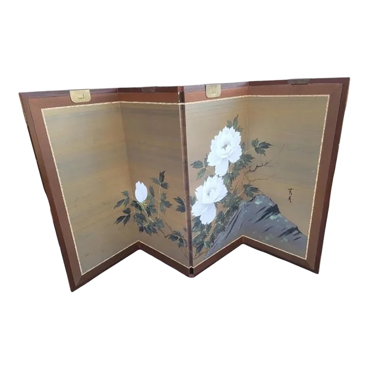 1950s Japanese Asian Four-Panel Byobu Showa Folding Screen of Flowering Lotus (1 of 6)