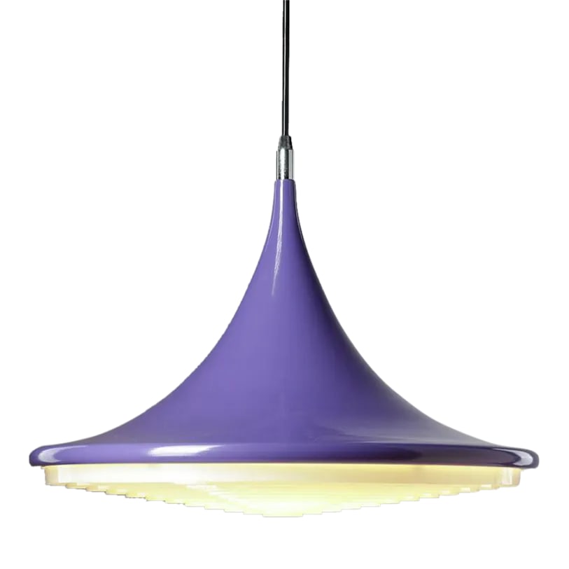 Mid-Century Purple Tulip Pendant Light: A fun, rare purple-colored tulip pendant! From 1960's Denmark in the typical tulip shape of the time. There is an ivory, detachable diffuser to guide light downward, as well as silver metal accents .
