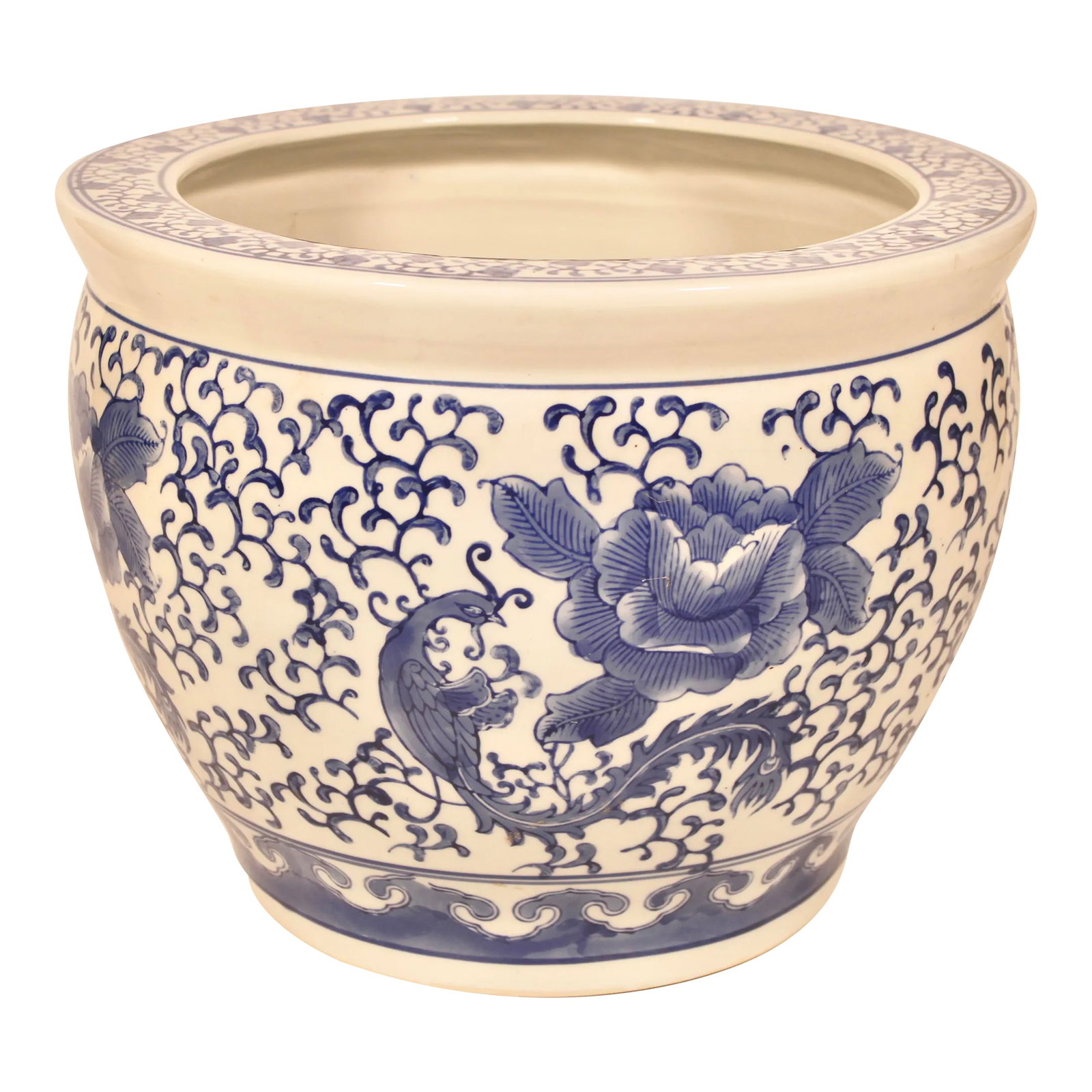 Large Blue and White Asian Ceramic Fish Bowl Planter (1 of 10)